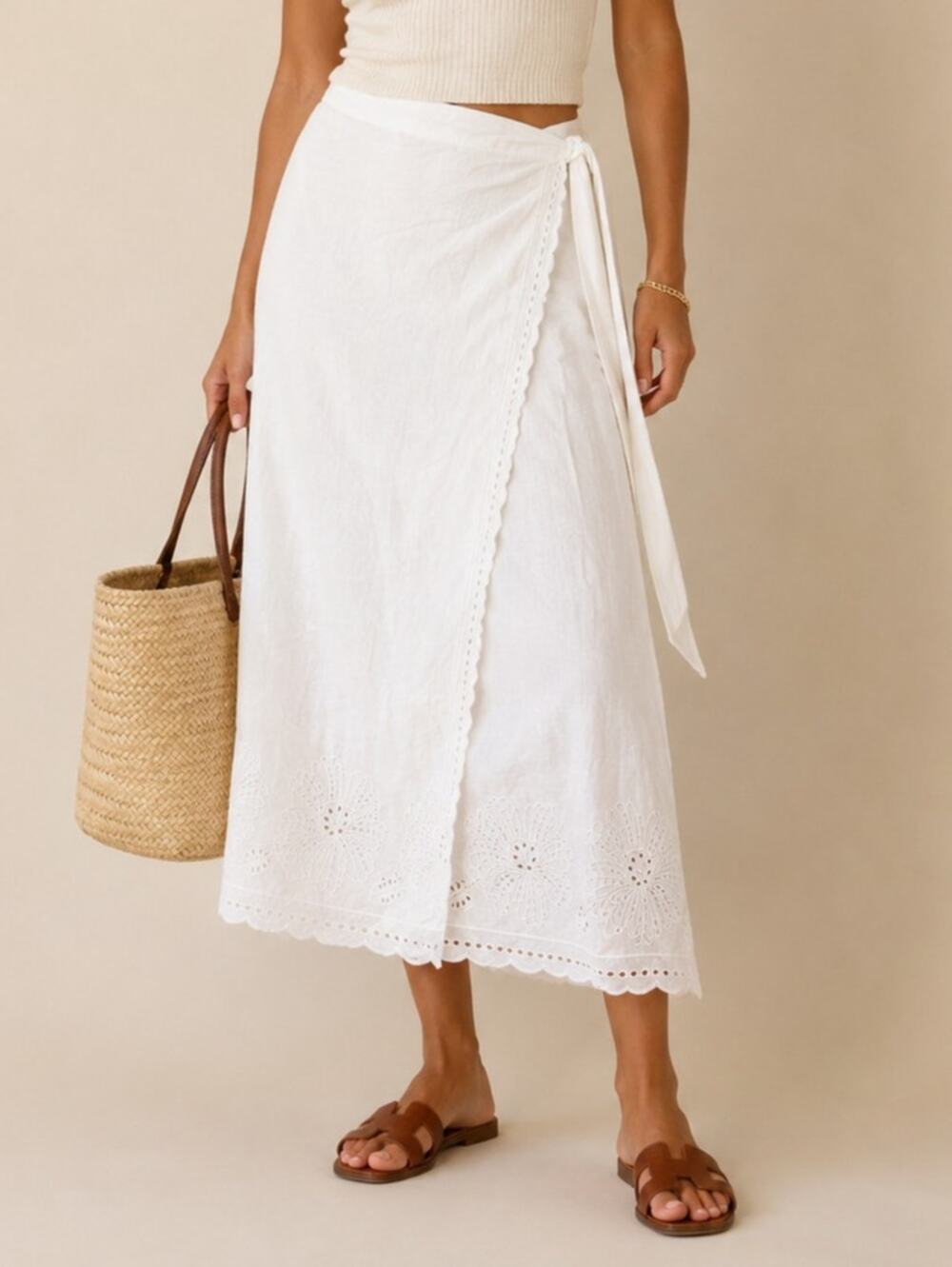 Cynthia Rowley Linen Eyelet Wrap Midi Skirt Size XL White Coastal Cottage Boho